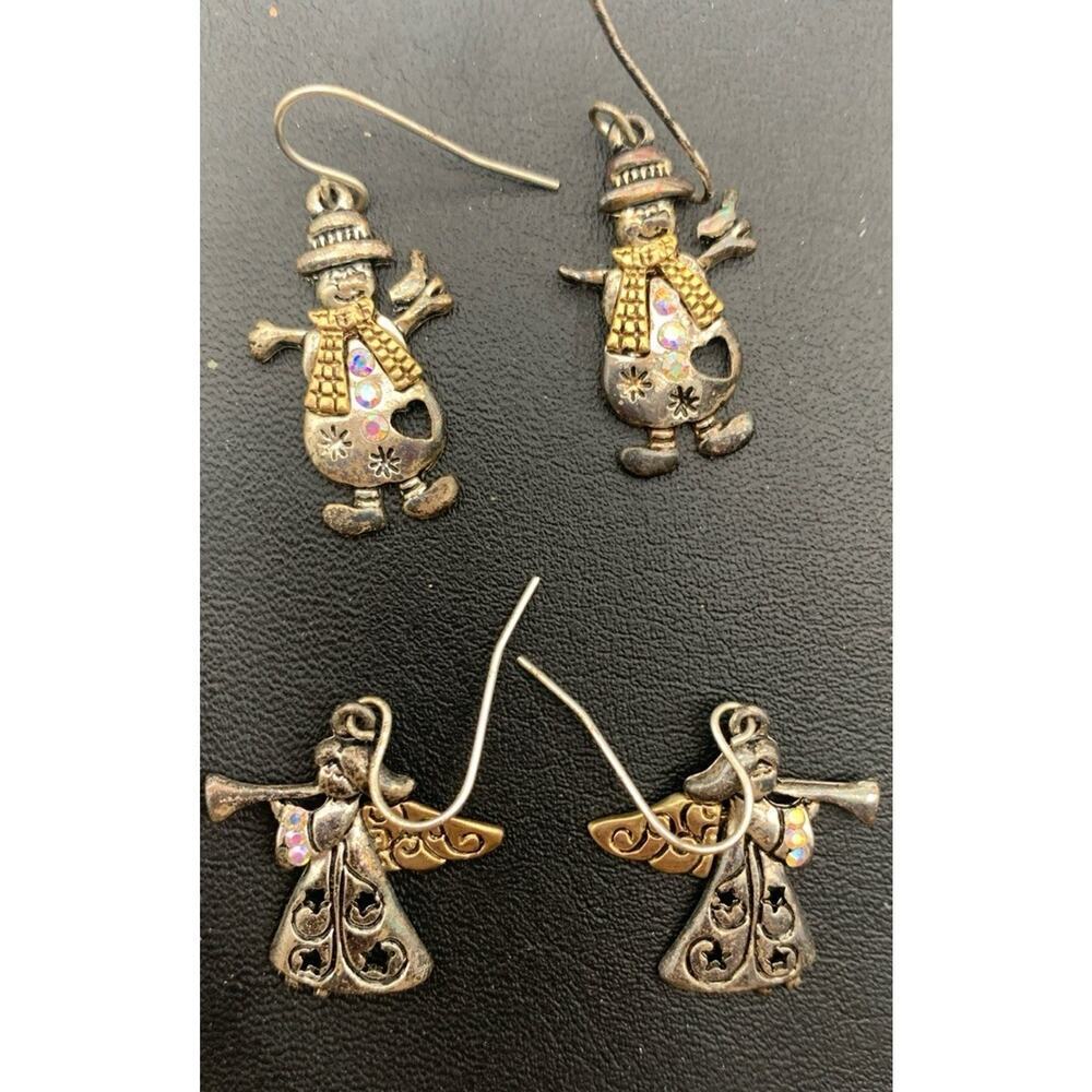 2 Pair Of Silver & Gold Tone Iridescent AB Rhinestones Snowman & Angel Earrings